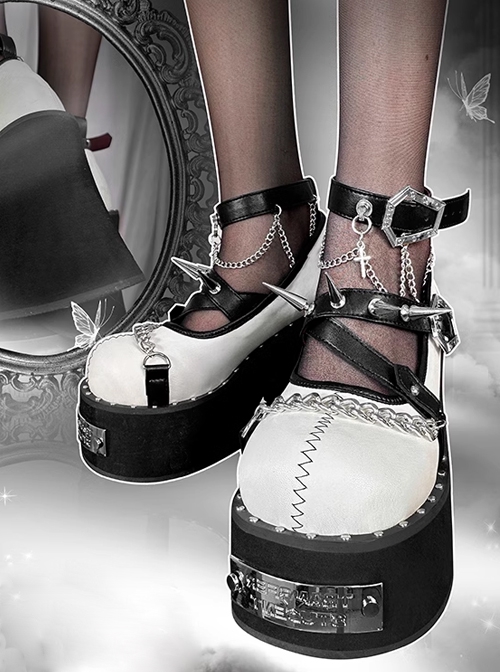 Dark Rose Witch Series Gothic Versatile Metallic Rivet Chain Round Toe Punk Lolita Thick High Heel Shoes