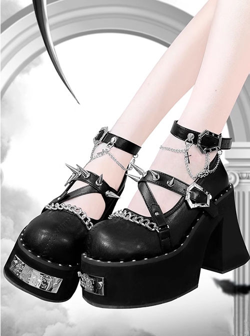 Dark Rose Witch Series Gothic Versatile Metallic Rivet Chain Round Toe Punk Lolita Thick High Heel Shoes