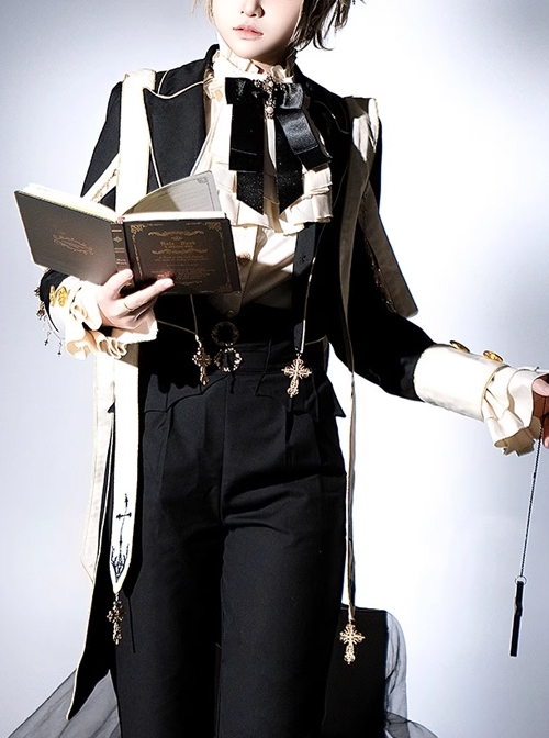 Prayer Series Retro Black Ouji Fashion Church Priest Holy Cross Lolita Lapel Suit Tuxedo Coat