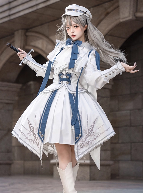 Starry Knight Series White Holy Handsome Military Uniform Classic Lolita Bowknot Tie Shirt Skirt Set