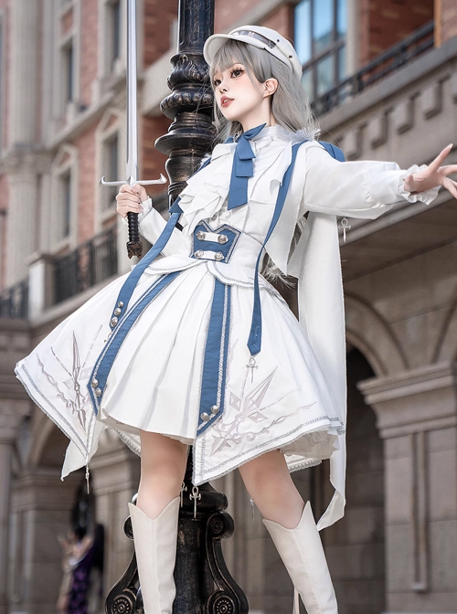 Starry Knight Series White Holy Handsome Military Uniform Classic Lolita Bowknot Tie Shirt Skirt Set