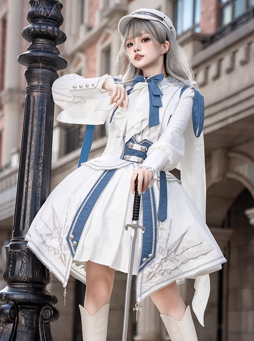 Starry Knight Series White Holy Handsome Military Uniform Classic Lolita Bowknot Tie Shirt Skirt Set