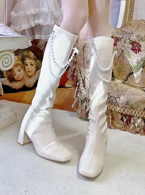 Sweet Noble Elegant French Style Classic Lolita Feather Pearl Chain White High Heels Boots