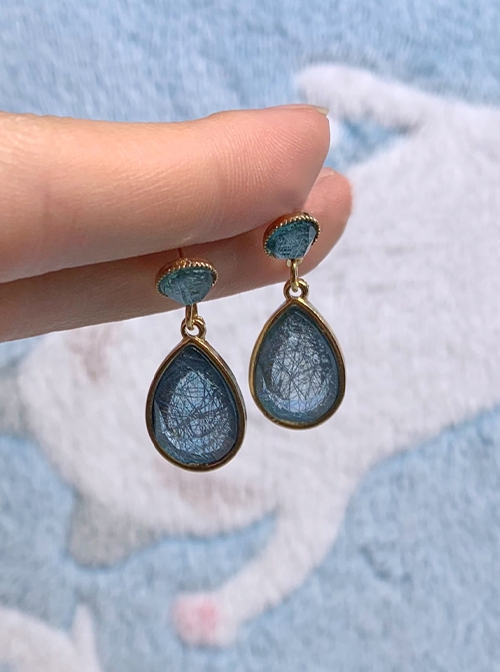 Vintage Sea Gray Blue Ice Cracked Brushed Imitation Crystal Drop Classic Lolita Silver Earrings