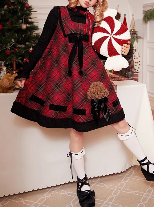 Kindness Polar Fleece Series Teddy Dog Sweet Lolita Bowknot Retro Christmas Red Plaid Woolen Sleeveless Dress