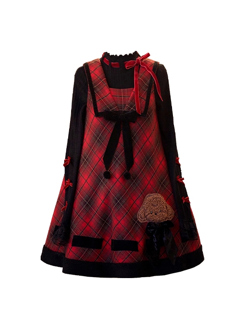 Kindness Polar Fleece Series Teddy Dog Sweet Lolita Bowknot Retro Christmas Red Plaid Woolen Sleeveless Dress