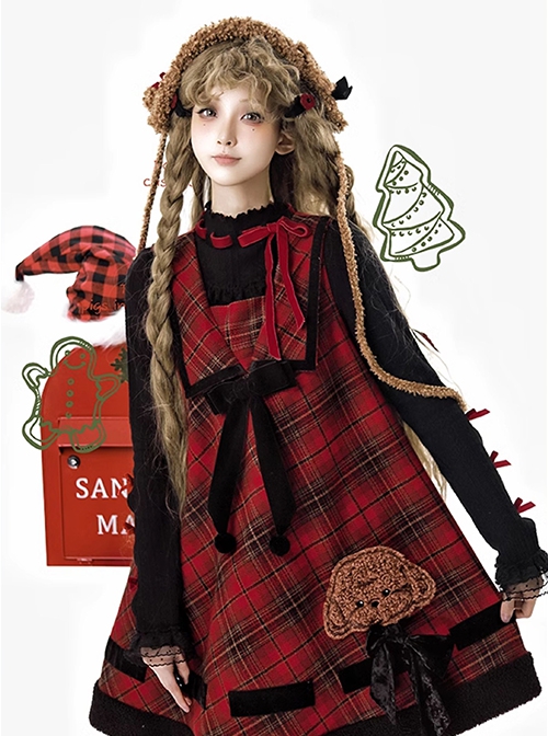 Kindness Polar Fleece Series Teddy Dog Sweet Lolita Bowknot Retro Christmas Red Plaid Woolen Sleeveless Dress