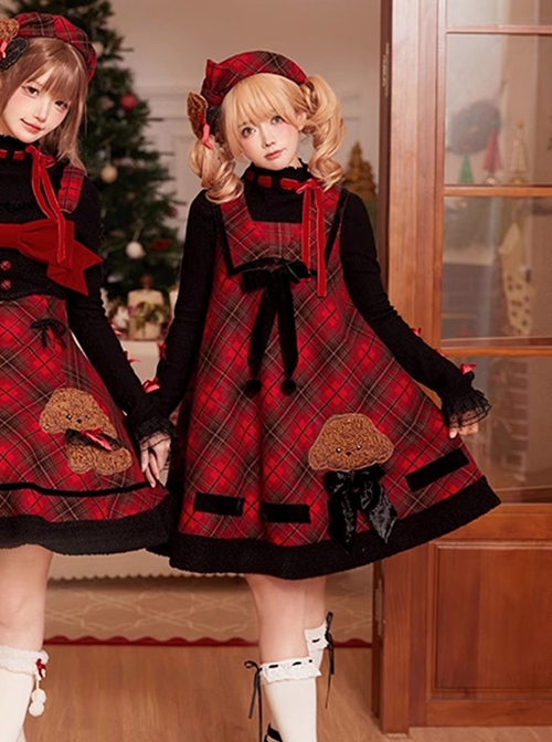 Kindness Polar Fleece Series Teddy Dog Sweet Lolita Bowknot Retro Christmas Red Plaid Woolen Sleeveless Dress