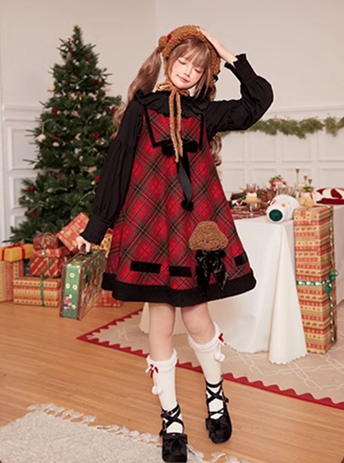 Kindness Polar Fleece Series Teddy Dog Sweet Lolita Bowknot Retro Christmas Red Plaid Woolen Sleeveless Dress