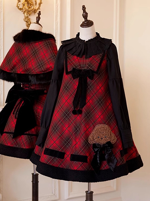 Kindness Polar Fleece Series Teddy Dog Sweet Lolita Bowknot Retro Christmas Red Plaid Woolen Sleeveless Dress