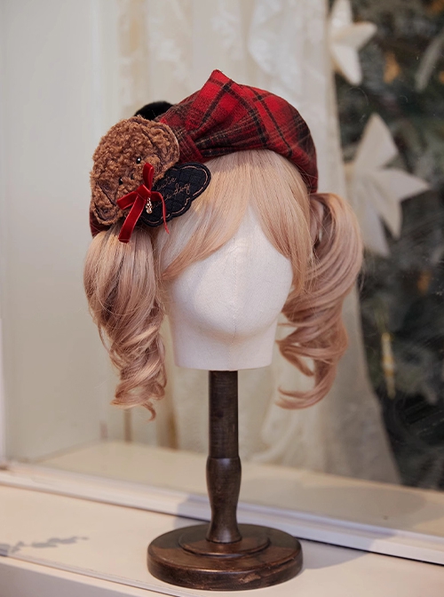 Kind Polar Fleece Series Cute Teddy Dog Sweet Lolita Christmas Red Plaid Bowknot Woolen Beret