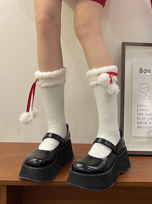 Christmas New Year Cute Lambsca Fur Ball Ribbon Bowknot Sweet Lolita Soft Rabbit Fur Socks