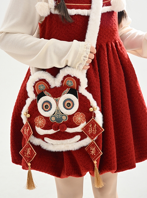 Festive Chinoiserie New Year Red Traditional Culture Pretty Kawaii Fashion Cute Tiger Head Crossbody Bag