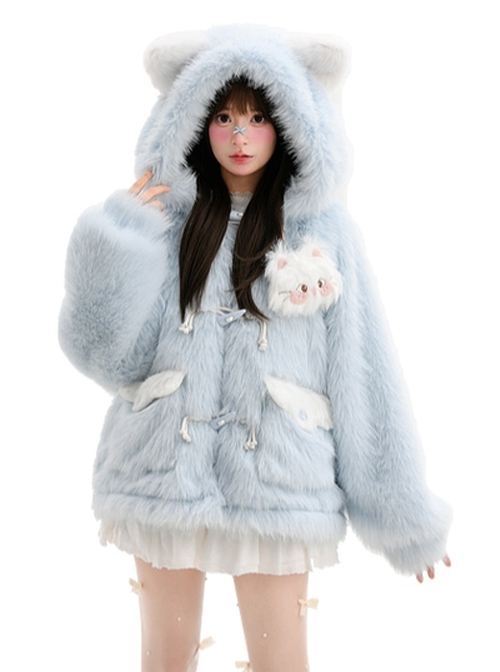 Winter Light Blue Cute Cat Ear Soft Girl Kawaii Fashion Plush Kitty Hooded Velvet Coat