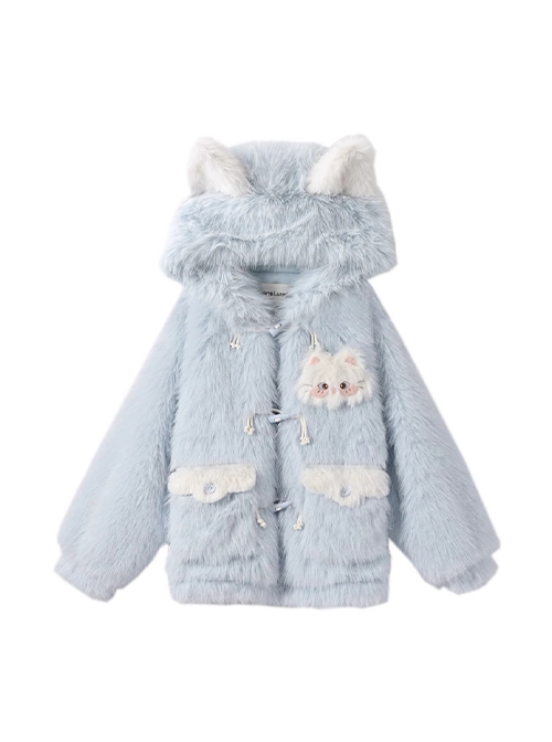 Winter Light Blue Cute Cat Ear Soft Girl Kawaii Fashion Plush Kitty Hooded Velvet Coat