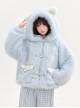 Winter Light Blue Cute Cat Ear Soft Girl Kawaii Fashion Plush Kitty Hooded Velvet Coat