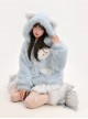 Winter Light Blue Cute Cat Ear Soft Girl Kawaii Fashion Plush Kitty Hooded Velvet Coat