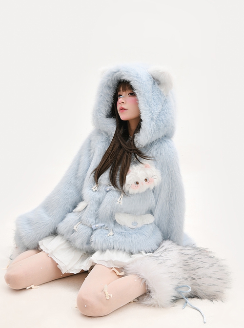 Winter Light Blue Cute Cat Ear Soft Girl Kawaii Fashion Plush Kitty Hooded Velvet Coat