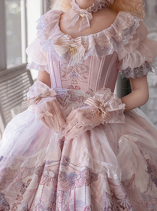 Dreamland Amusement Park Series Bowknot Sweet Lolita Pink Chiffon Exquisite Embroidery Lace Gloves