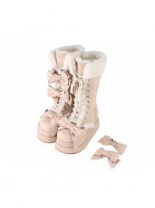 Warm Cake Series Lambswool Cute Straps Shoelace Bowknot Sweet Lolita Thick Sole Snow Long Tube Boots