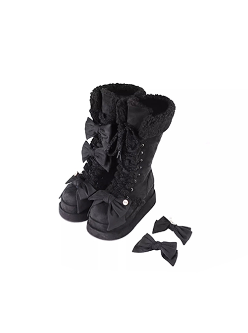 Warm Cake Series Lambswool Cute Straps Shoelace Bowknot Sweet Lolita Thick Sole Snow Long Tube Boots