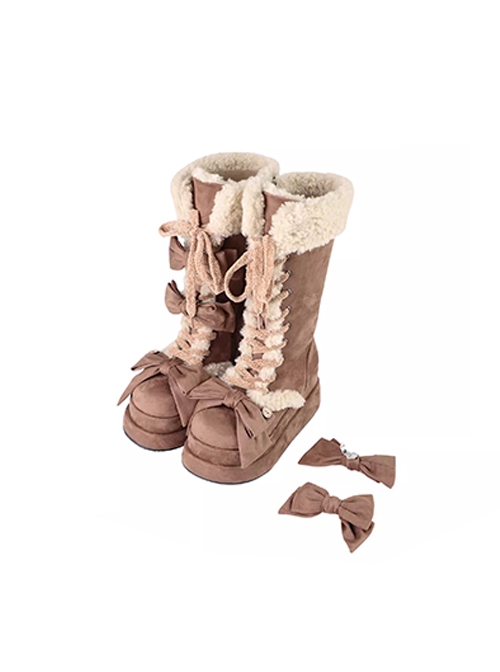 Warm Cake Series Lambswool Cute Straps Shoelace Bowknot Sweet Lolita Thick Sole Snow Long Tube Boots