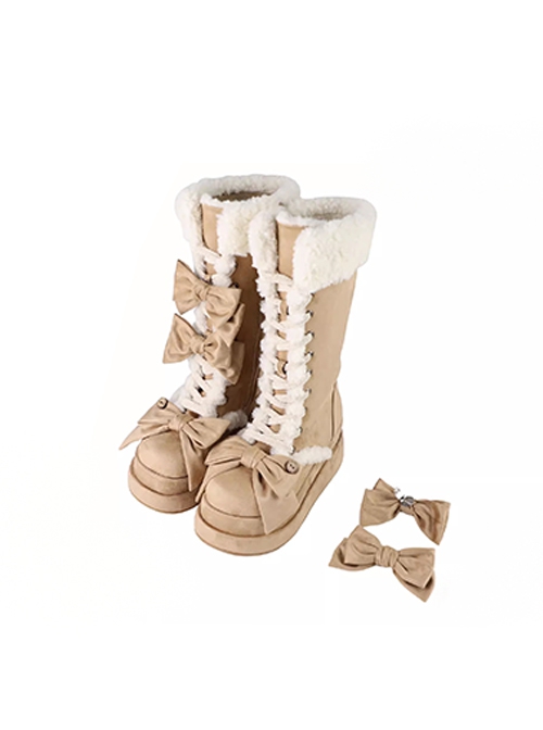 Warm Cake Series Lambswool Cute Straps Shoelace Bowknot Sweet Lolita Thick Sole Snow Long Tube Boots