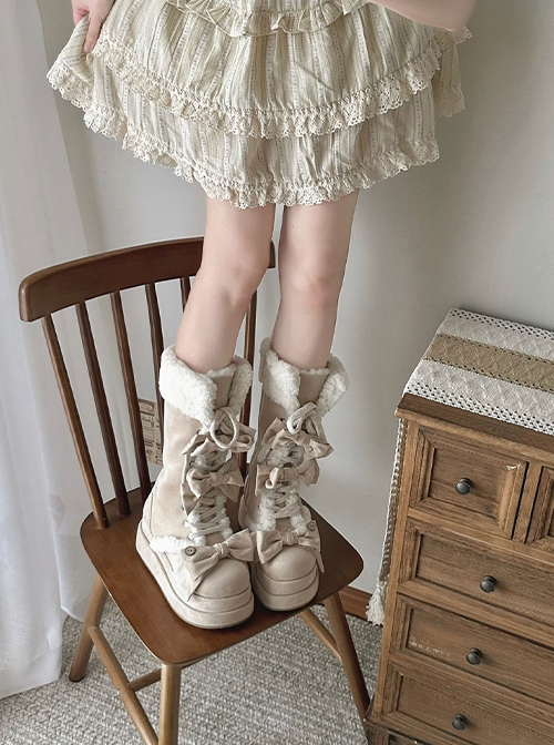 Warm Cake Series Lambswool Cute Straps Shoelace Bowknot Sweet Lolita Thick Sole Snow Long Tube Boots