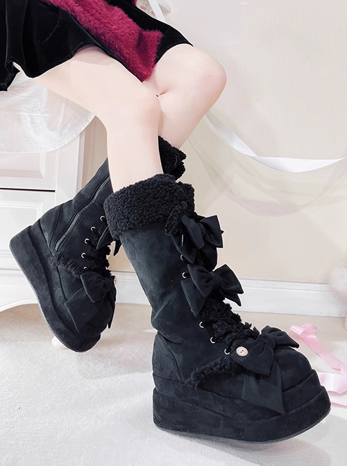 Warm Cake Series Lambswool Cute Straps Shoelace Bowknot Sweet Lolita Thick Sole Snow Long Tube Boots