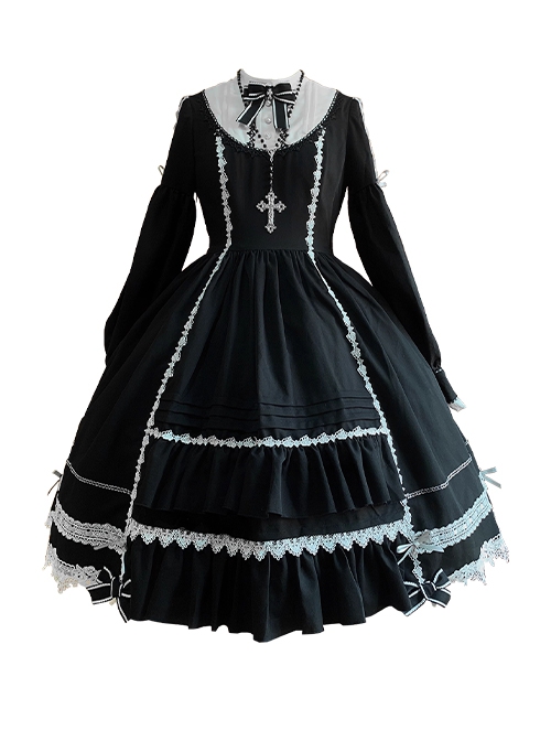 Humanoid Night Series Black Fall Winter Cute Retro Lace Doll Sense Classic Lolita Elegant Nuns Long Sleeves Dress