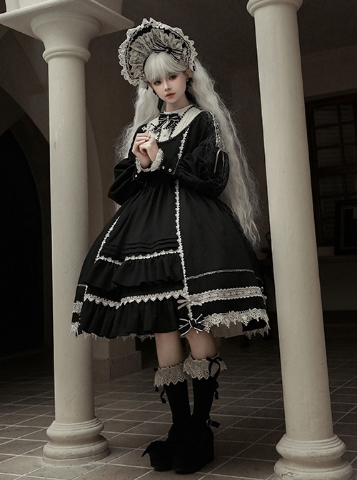 Humanoid Night Series Black Fall Winter Cute Retro Lace Doll Sense Classic Lolita Elegant Nuns Long Sleeves Dress