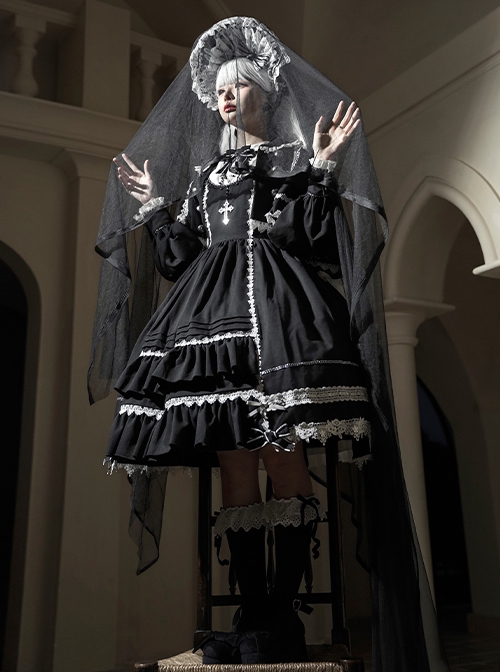 Humanoid Night Series Black Fall Winter Cute Retro Lace Doll Sense Classic Lolita Elegant Nuns Long Sleeves Dress