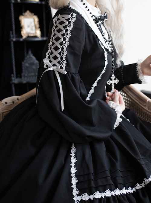 Humanoid Night Series Black Fall Winter Cute Retro Lace Doll Sense Classic Lolita Elegant Nuns Long Sleeves Dress