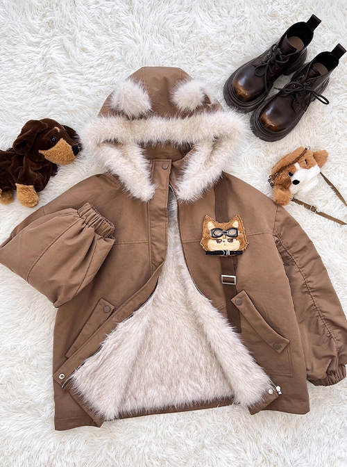 Doggie Pilot Series Kawaii Fashion Cute Puppy Embroidery Thick Plush Animal Ears Hooded Cotton Brown Coat