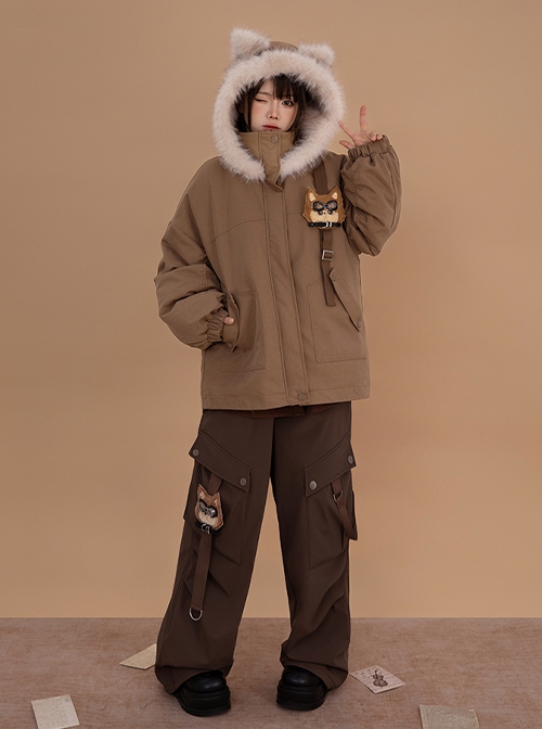 Doggie Pilot Series Kawaii Fashion Cute Puppy Embroidery Thick Plush Animal Ears Hooded Cotton Brown Coat