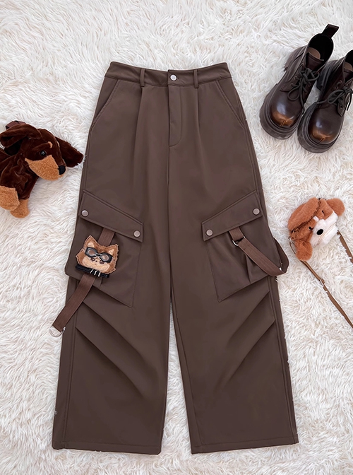 Doggie Pilot Series Kawaii Fashion Brown Big Pockets Puppy Embroidery Loose Cargo Pants