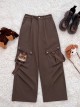 Doggie Pilot Series Kawaii Fashion Brown Big Pockets Puppy Embroidery Loose Cargo Pants