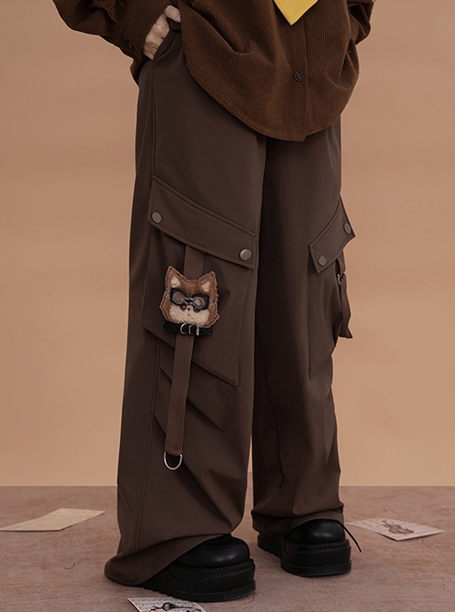 Doggie Pilot Series Kawaii Fashion Brown Big Pockets Puppy Embroidery Loose Cargo Pants