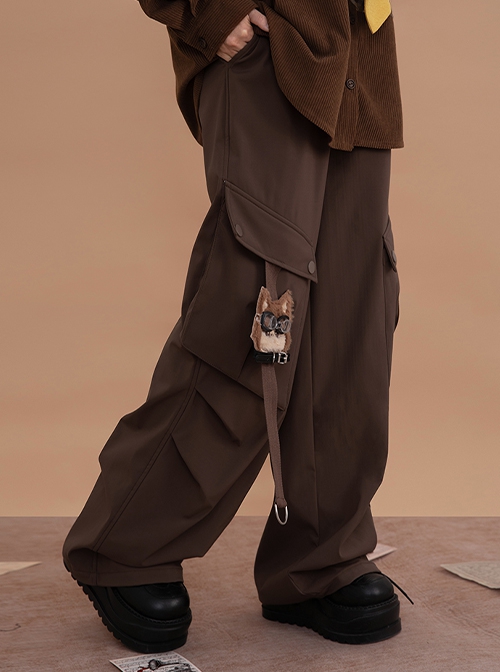 Doggie Pilot Series Kawaii Fashion Brown Big Pockets Puppy Embroidery Loose Cargo Pants