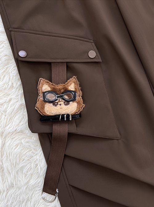 Doggie Pilot Series Kawaii Fashion Brown Big Pockets Puppy Embroidery Loose Cargo Pants