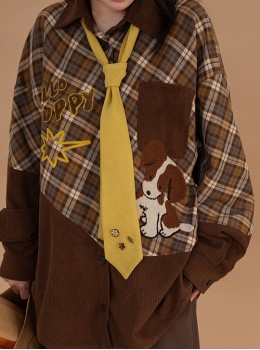 Doggie Pilot Series Kawaii Fashion Brown American Retro Stitching Plaid Puppy Pattern Loose Long Sleeves Shirt