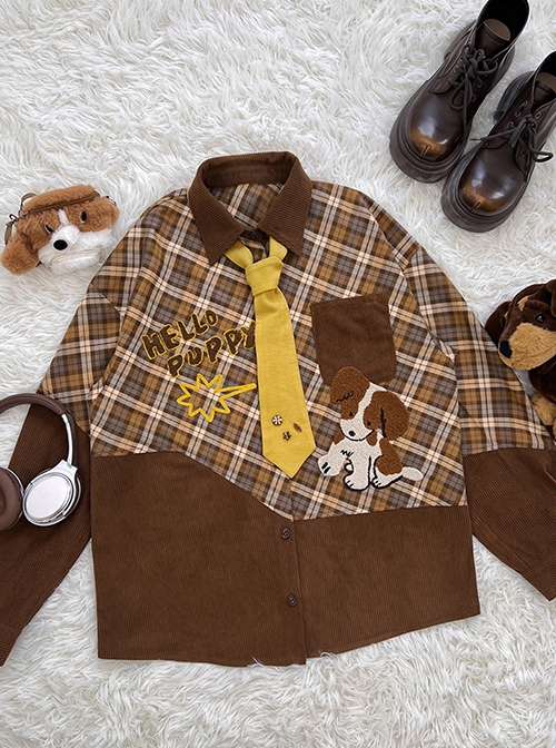 Doggie Pilot Series Kawaii Fashion Brown American Retro Stitching Plaid Puppy Pattern Loose Long Sleeves Shirt