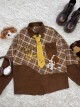 Doggie Pilot Series Kawaii Fashion Brown American Retro Stitching Plaid Puppy Pattern Loose Long Sleeves Shirt