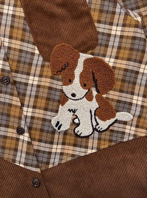 Doggie Pilot Series Kawaii Fashion Brown American Retro Stitching Plaid Puppy Pattern Loose Long Sleeves Shirt