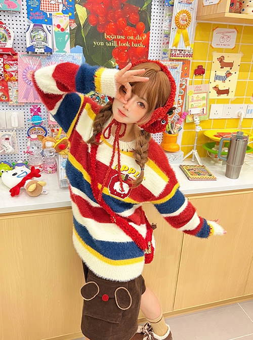 Apple Puppy Series Retro Cartoon Cute Childlike Imitation Mink Soft Glutinous Red Blue Contrast Striped Sweater