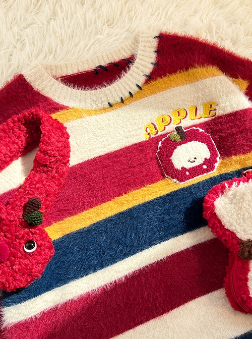 Apple Puppy Series Retro Cartoon Cute Childlike Imitation Mink Soft Glutinous Red Blue Contrast Striped Sweater