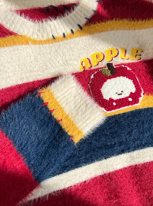 Apple Puppy Series Retro Cartoon Cute Childlike Imitation Mink Soft Glutinous Red Blue Contrast Striped Sweater