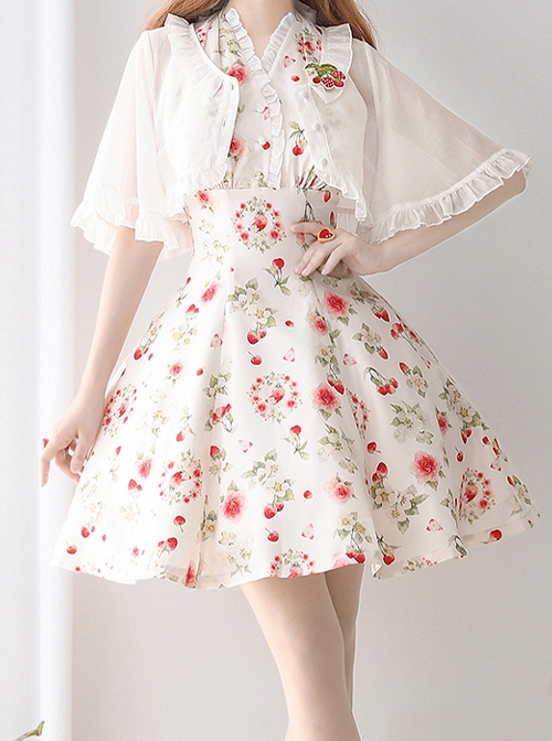 Early Summer Berry Picture Book Series Versatile Classic Lolita Ruff Round Neckline Middle Sleeves Cardigan