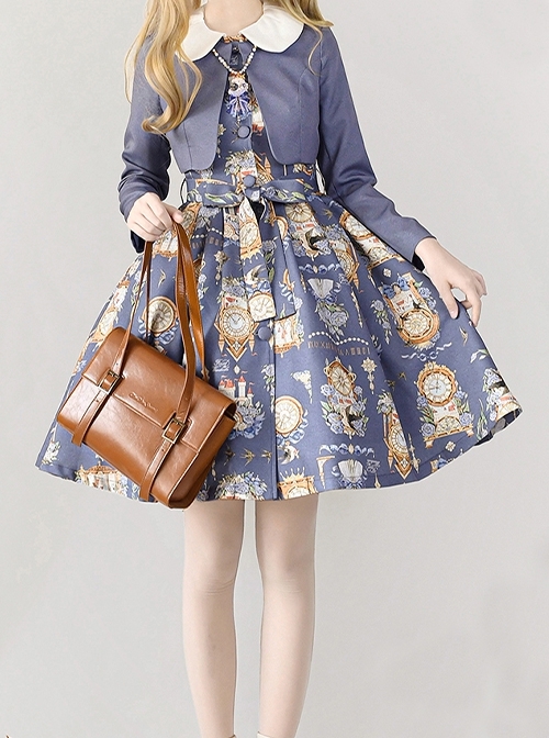 Eternal Echo Series Classic Lolita Hand Drawn Vintage Clock Print Doll Collar Short Sleeves Dress Coat Bowknot Set