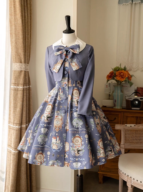 Eternal Echo Series Classic Lolita Hand Drawn Vintage Clock Print Doll Collar Short Sleeves Dress Coat Bowknot Set